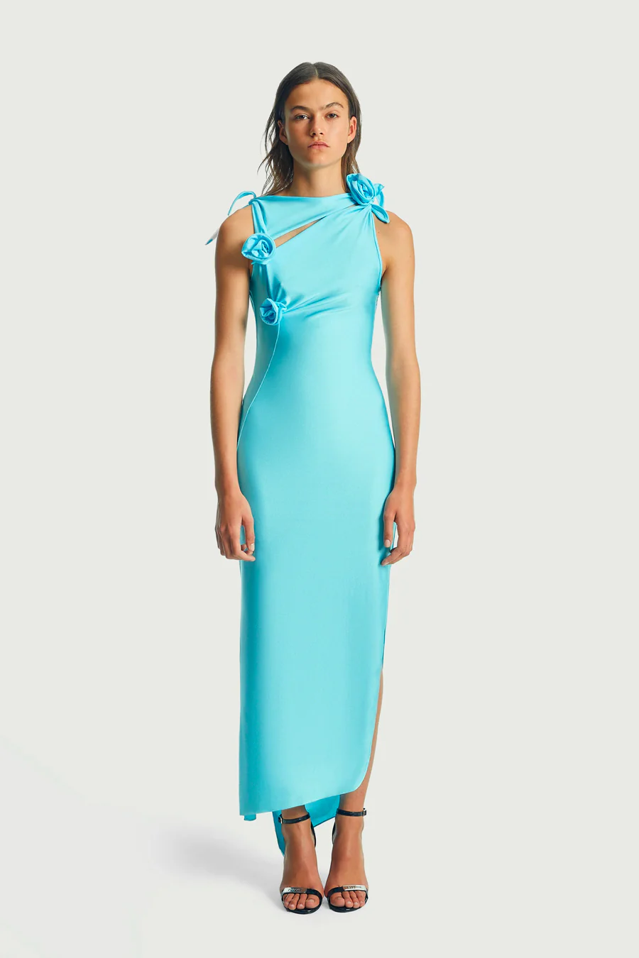 ROBE À FLEURS ASYMÉTRIQUES BLEU TURQUOISE - Image 2