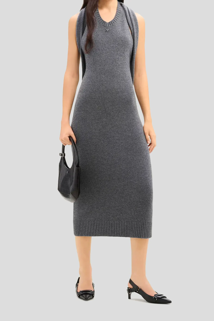 ROBE ĂPAULE DRAPĂE EN LAINE GRISE - Image 2