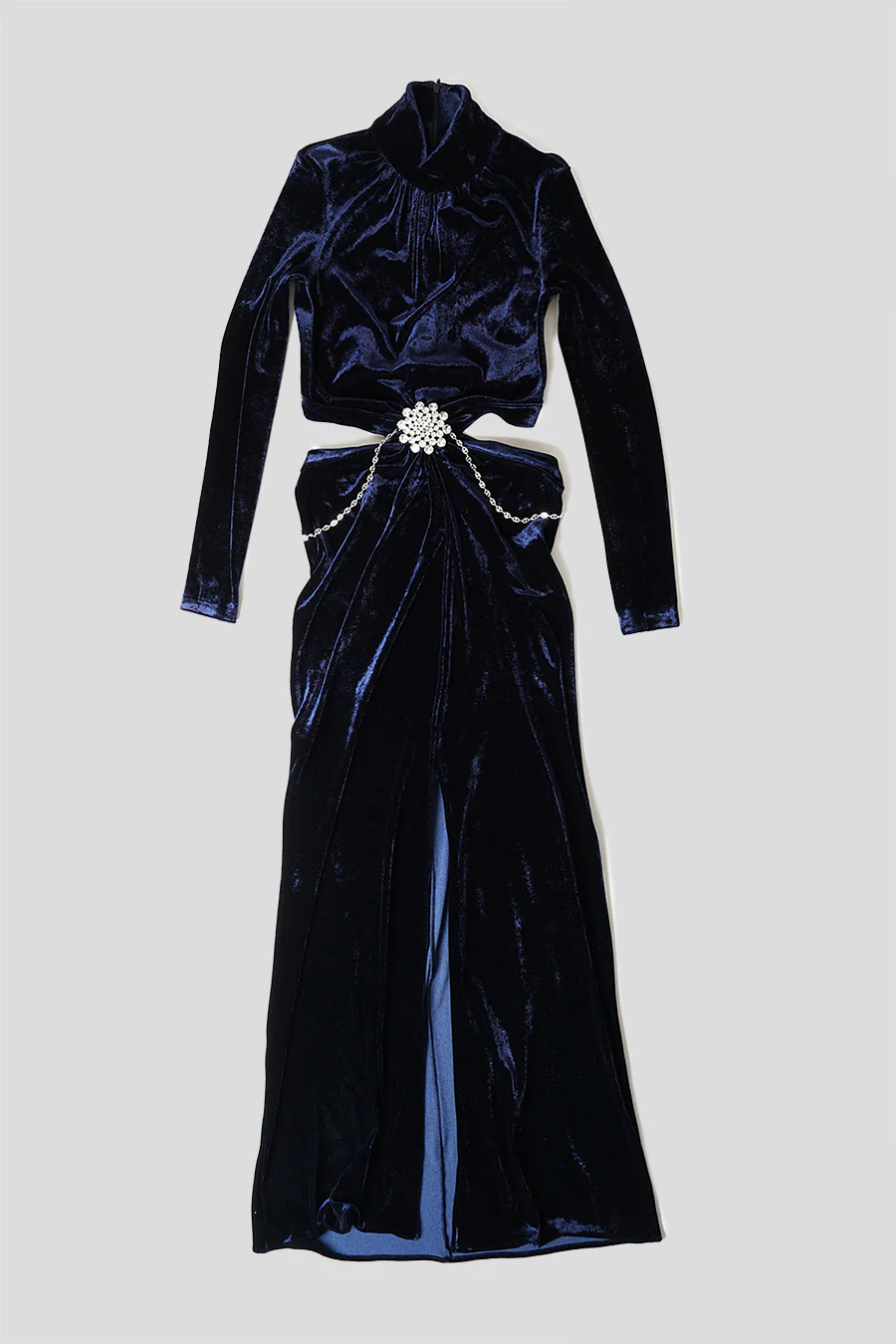 ROBE LONGUE EN VELOURS AVEC CEINTURE ORNÉE DE BIJOUX BLEU MARINE